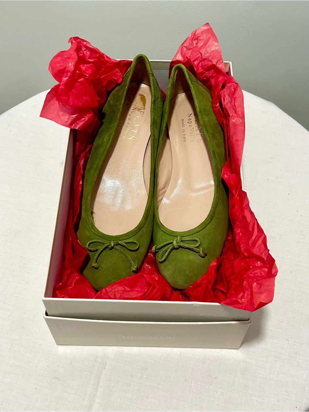 Green Suede Ballet Flats with Bow for two different sized feet left—7.5 right—8